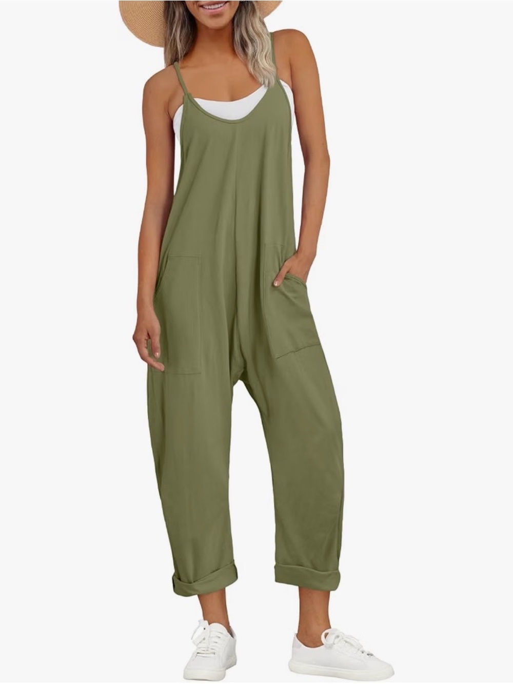 Automet BEIGE cotton adult onesie V-Neck Spaghetti Strap comfy harem jumper